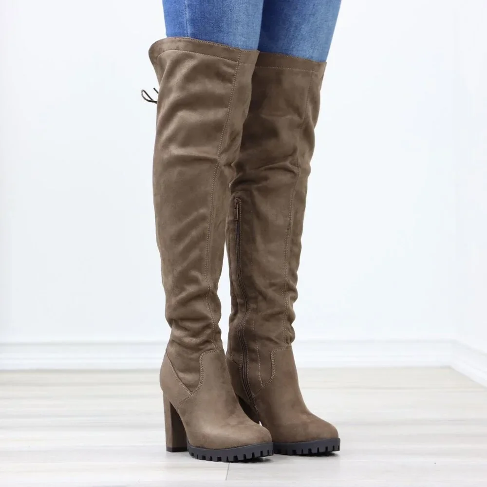 Taupe Over Knee Boots Suede Chunky Heel Lace Up Back Zip Rugged Sole